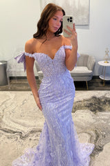 Glitter Lavender Off-the-Shoulder Mermaid Prom Dress with Sequined Lace