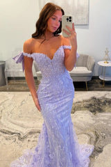 Glitter Lavender Off-the-Shoulder Mermaid Prom Dress with Sequined Lace