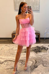 Glitter Pink Strapless A-Line Homecoming Dress with Tiered Tulle Skirt