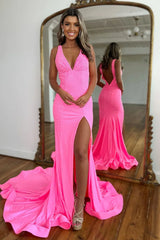 Glitter Pink Mermaid Prom Dress with V Neckline Beaded Embellishment and Sweep Train