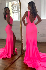 Glitter Pink Mermaid Prom Dress with V Neckline Beaded Embellishment and Sweep Train