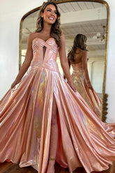 Glitter Pink Metallic Sweetheart A-Line Prom Dress with Leg Slit