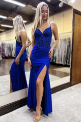 Glitter Royal Blue Spaghetti Straps Lace Up Prom Dress with Lace Top