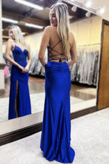 Glitter Royal Blue Spaghetti Straps Lace Up Prom Dress with Lace Top