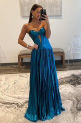Peacock Blue Metallic A Line Prom Dress with Sweetheart Neckline and Leg Slit
