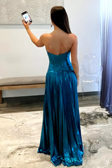 Peacock Blue Metallic A Line Prom Dress with Sweetheart Neckline and Leg Slit