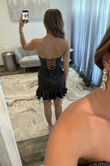 Glitter Strapless Satin Homecoming Dress with Beading and Ruffled Hem