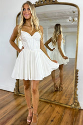 Glitter White A-Line Spaghetti Straps Short Dress with Beading Homecoming Dress