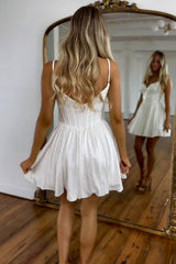 Glitter White A-Line Spaghetti Straps Short Dress with Beading Homecoming Dress