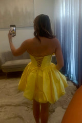 Glossy Satin A-Line Strapless Lace Up Short Homecoming Dress with Bowknot