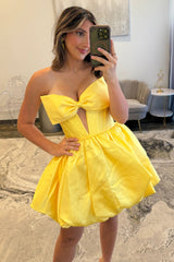 Glossy Satin A-Line Strapless Lace Up Short Homecoming Dress with Bowknot
