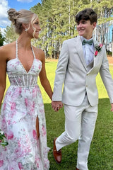 Gorgeous A Line Halter Neck Pink Floral Printed Corset Prom Dress with Ruffles