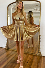 Metallic Gold A Line Homecoming Dress with Short Skirt and Halter Neck Design