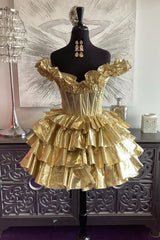 Gold Metallic Tiered Homecoming Dress with Off Shoulder Style A-Line Shape and Lace Up Closure