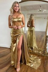 Gold Metallic Strapless Corset Prom Dress with Sheer Bodice and High Slit