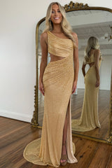 Gold One-Shoulder Sequin Mermaid Prom Dress with Architectural Cutout
