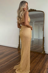 Gold One-Shoulder Sequin Mermaid Prom Dress with Architectural Cutout