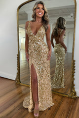 Gold Sequin V-Neck Mermaid Prom Dress with Open Back and High Slit