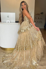 Gold Sequin Train Sweetheart A-Line Lace Long Prom Dress With Tiered Tulle Split