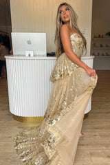 Gold Sequin Train Sweetheart A-Line Lace Long Prom Dress With Tiered Tulle Split
