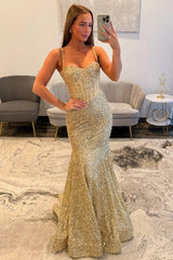 Gold Sparkly Mermaid Prom Dress with Spaghetti Straps and Corset Bodice