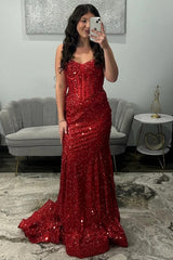 Gold Sparkly Mermaid Prom Dress with Spaghetti Straps and Corset Bodice