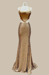 Two Piece Gold Prom Dress with a Halter Neck Satin Top and Pearl Mermaid Silhouette Skirt