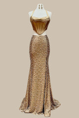 Two Piece Gold Prom Dress with a Halter Neck Satin Top and Pearl Mermaid Silhouette Skirt