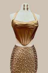 Two Piece Gold Prom Dress with a Halter Neck Satin Top and Pearl Mermaid Silhouette Skirt