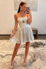 Gold Metallic A-Line Mini Dress with Halter Neck Cut Homecoming Dress