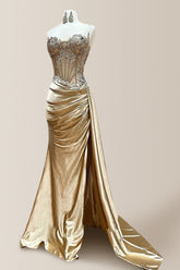 Gold Satin Mermaid Prom Dress with Spaghetti Straps and Appliqué Detailing