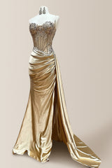 Gold Satin Mermaid Prom Dress with Spaghetti Straps and Appliqué Detailing