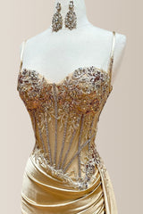 Gold Satin Mermaid Prom Dress with Spaghetti Straps and Appliqué Detailing