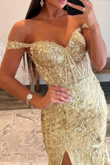 Golden Off the Shoulder Mermaid Prom Dress with Finish Slit and Sequined Appliques