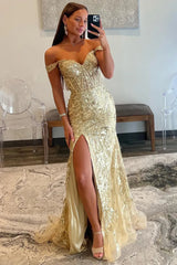 Golden Off the Shoulder Mermaid Prom Dress with Finish Slit and Sequined Appliques
