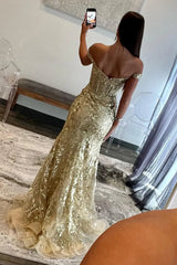 Golden Off the Shoulder Mermaid Prom Dress with Finish Slit and Sequined Appliques
