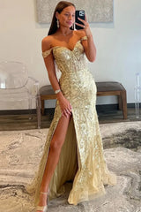Golden Off the Shoulder Mermaid Prom Dress with Finish Slit and Sequined Appliques