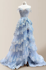 Gorgeous A-Line Off The Shoulder Long Tiered Prom Dress with Sequined Appliques