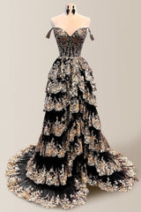 Gorgeous A-Line Off The Shoulder Long Tiered Prom Dress with Sequined Appliques
