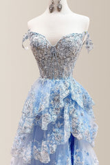 Gorgeous A-Line Off The Shoulder Long Tiered Prom Dress with Sequined Appliques