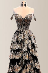 Gorgeous A-Line Off The Shoulder Long Tiered Prom Dress with Sequined Appliques