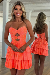 Sparkly A-Line Beaded Tiered Mini Hoco Dress with Cutout Bodice and Lace-Up Back