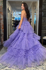 Gorgeous A Line Halter Neck Lilac Tulle Long Prom Dress with Ruffles