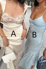 Gorgeous A Line Sweetheart/Spaghetti Straps White/Light Blue Tea Length Party Dress