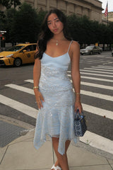 Gorgeous A Line Sweetheart/Spaghetti Straps White/Light Blue Tea Length Party Dress