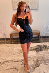 Gorgeous Black Spaghetti Straps Sequin Bodycon Short Homecoming Dress