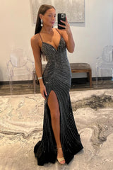 Black Mermaid Prom Dress with Lace Up Back Corset Bodice Beaded Detail and Slit