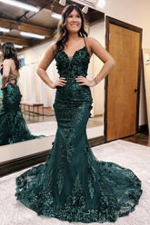 Gorgeous Dark Green Spaghetti Straps Mermaid Prom Dress with 3D Appliques
