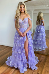 Gorgeous Off The Shoulder A Line Sequin Prom Dress with Glitter Finish Tiered Layers and Slit