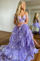 Gorgeous Off The Shoulder A Line Sequin Prom Dress with Glitter Finish Tiered Layers and Slit